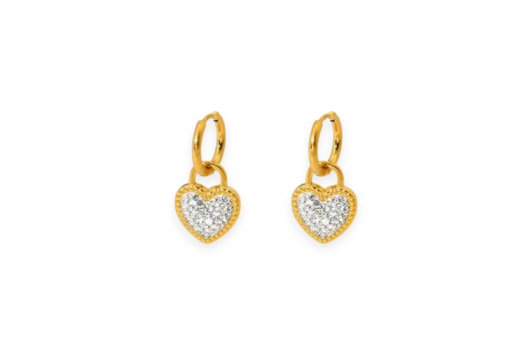 Clear Crystal Heart Drop Huggie Earrings in Gold