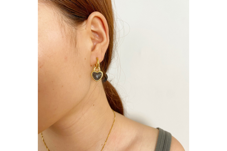 Black Crystal Heart Drop Huggie Earrings in Gold