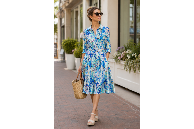 Blue Pink Print Belted Dress