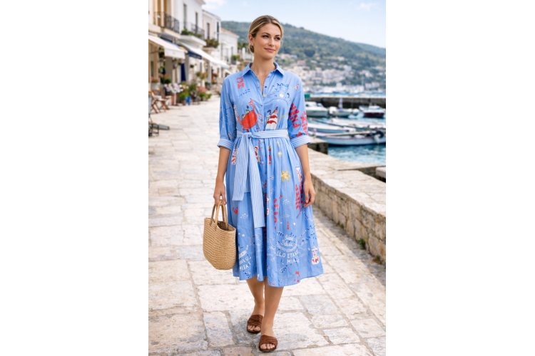 Bold Print Cotton Dress w/ Stripe Accent