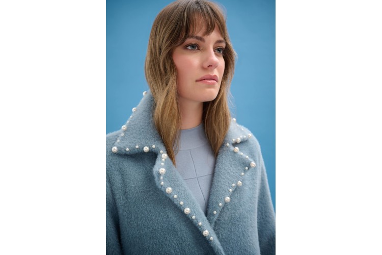 Joseph Ribkoff Feather Yarn Sweater Coat with Pearl Trim