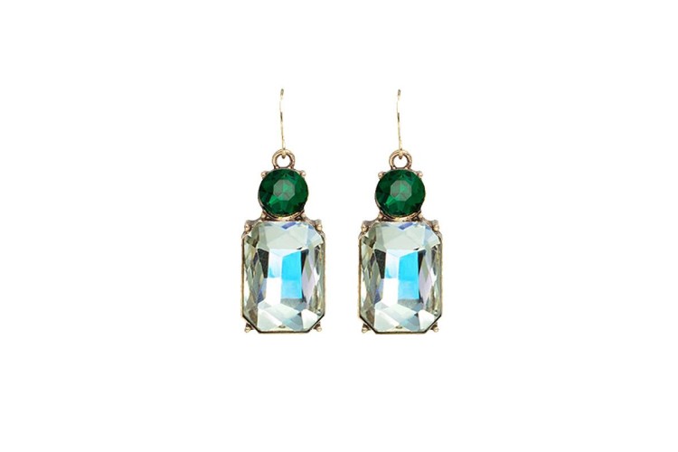 French Hook, Oval & Rectangle Drop Earrings - Clear & Emerald