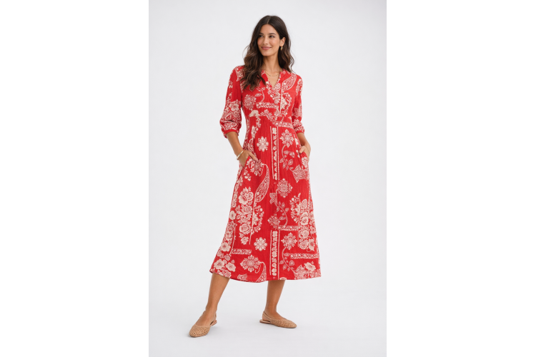 Red Print Cotton Midi Dress