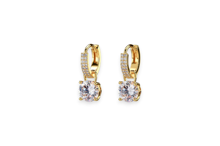 Gold Crystal Huggie Hoop Earrings with Solitaire Drop