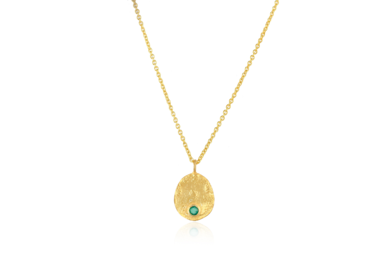 Gold Textured Disc Necklace with Green Onyx