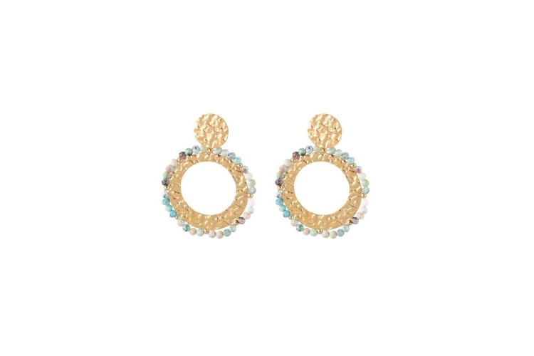 Hammered Gold & Aqua Hoop Earring