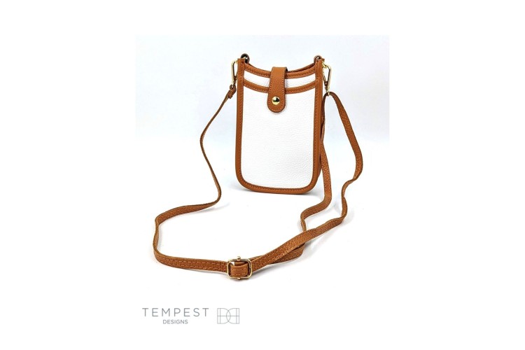 Leather Crossbody Phone Bag – White & Tan