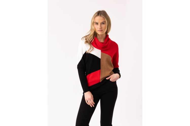 Marble Multi-Colour Panel Cotton Cowl Neck Jumper