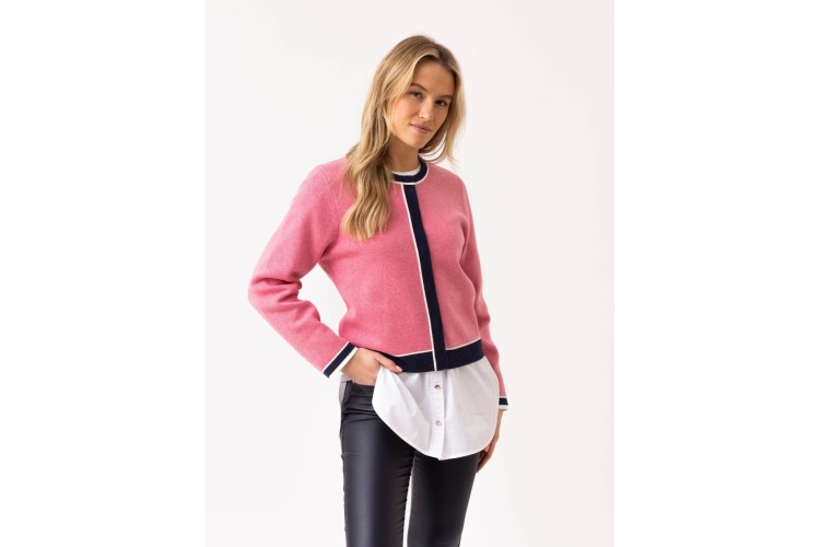 Marble Pink & Navy Contrast Trim Cotton Cardigan