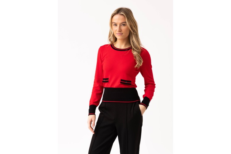 Marble Red & Black Contrast Trim Jumper with Button Back