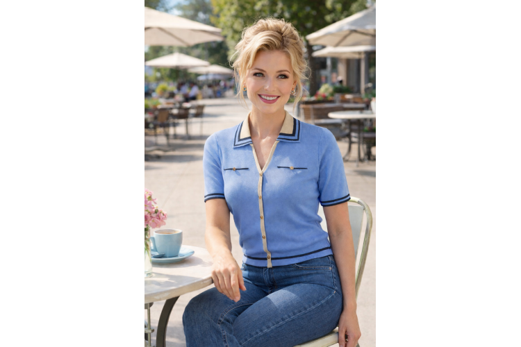 Micha SS Knitted Tee | Blue & Sand