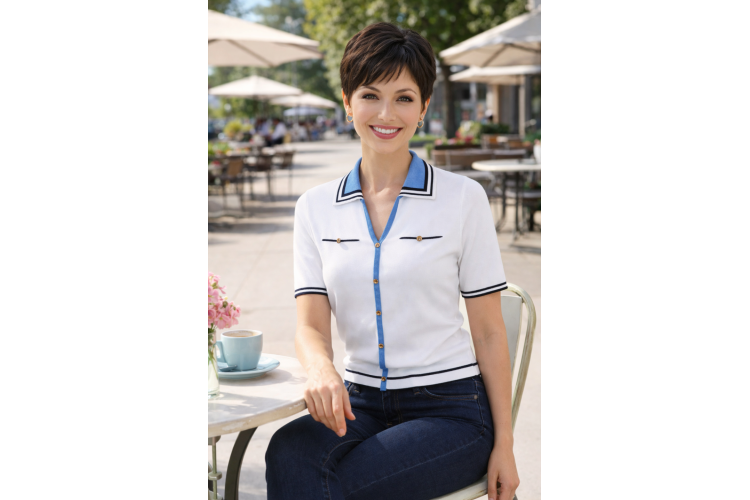 Micha SS Knitted Tee | White & Blue