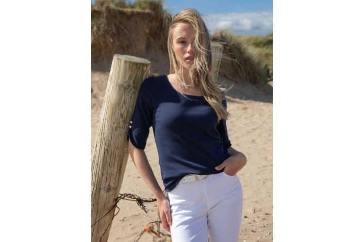 Navy Cotton T-Shirt with Button Cuffs