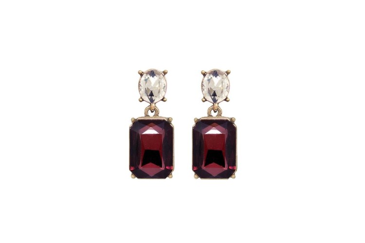 Oval Post + Rectangle Drop Earrings - Burgundy & Clear
