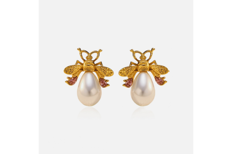 Pearl Bee Stud Earrings | Clear & Gold