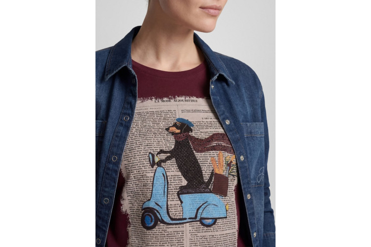 Rabe Dachshund on Scooter Print Top | Burgundy
