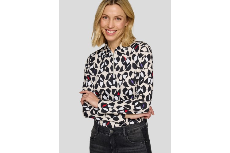 Rabe Zip-Neck Stretch Cotton Shirt – Black & Ivory Print