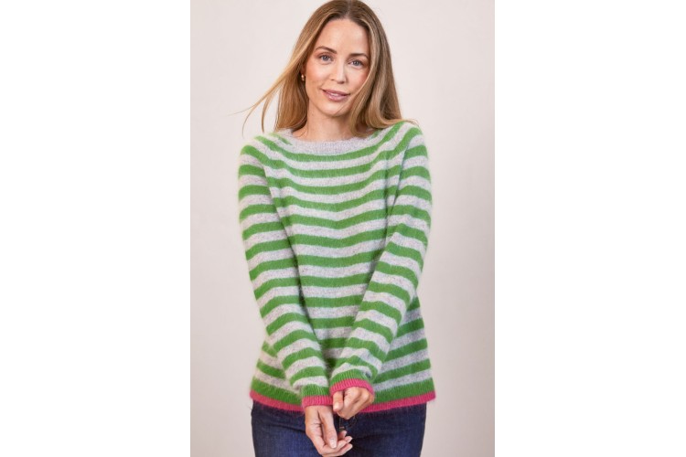 See Saw Angora Mix Striped Jumper – Silver/Grey with Green Stripes & Hot Pink Hem