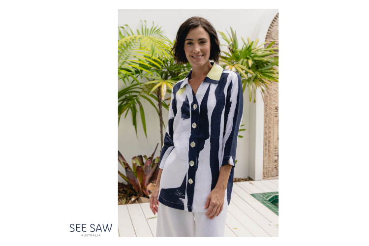 See Saw Linen Shirt | Navy & Lime