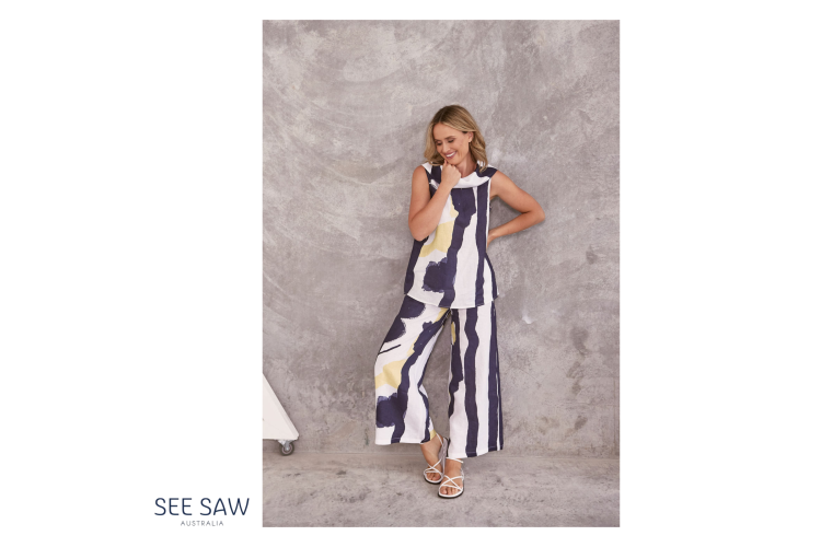 See Saw Linen Palazzo Pants | Navy & Lime