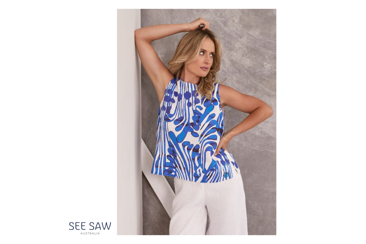 See Saw Linen Top | Santorini Blue Print