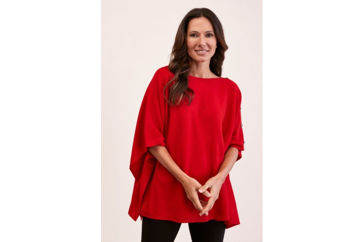 See Saw Merino Wool Button Detail Poncho – Red