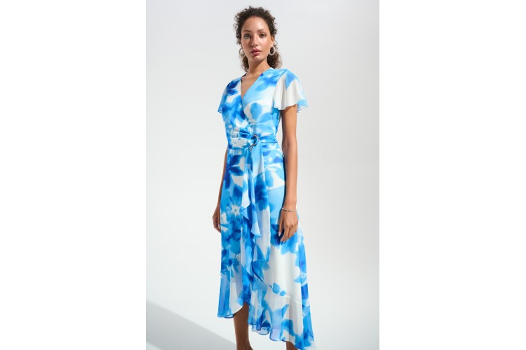 Joseph Ribkoff Signature | Blue Chiffon Print Wrap Dress With Ruffle Detail