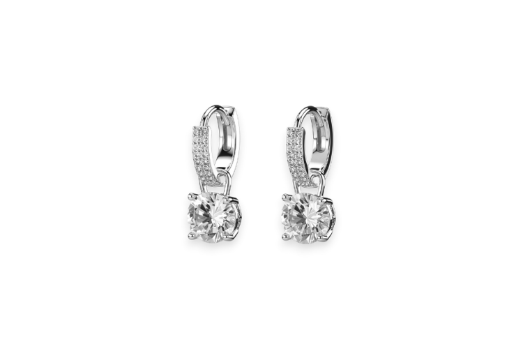 Silver Crystal Huggie Hoop Earrings with Solitaire Drop