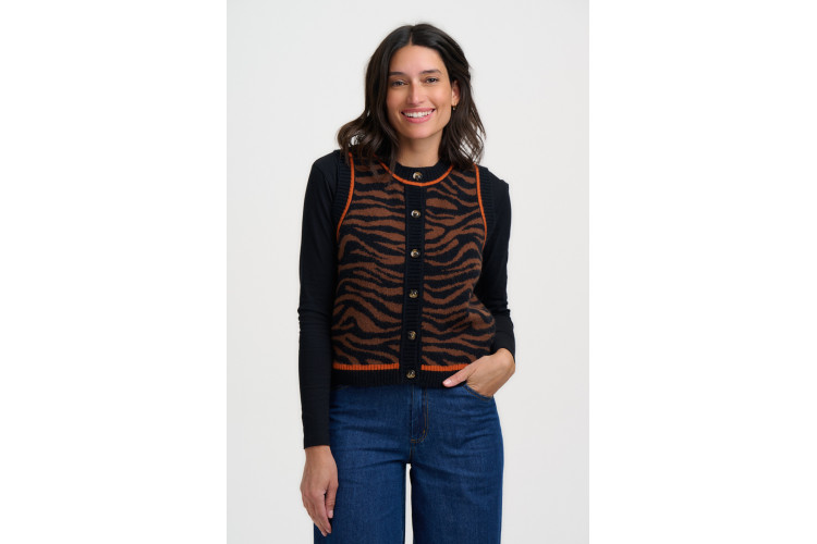 Sugarhill Brighton Natalie Knitted Waistcoat - Brown/Black Tiger Print