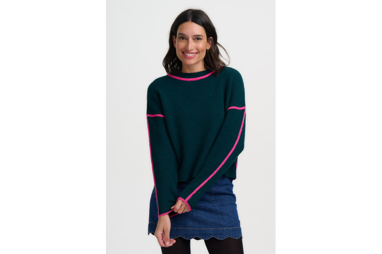 Sugarhill Brighton Rozalia Jumper - Dark Jade Green Hot Pink Trim