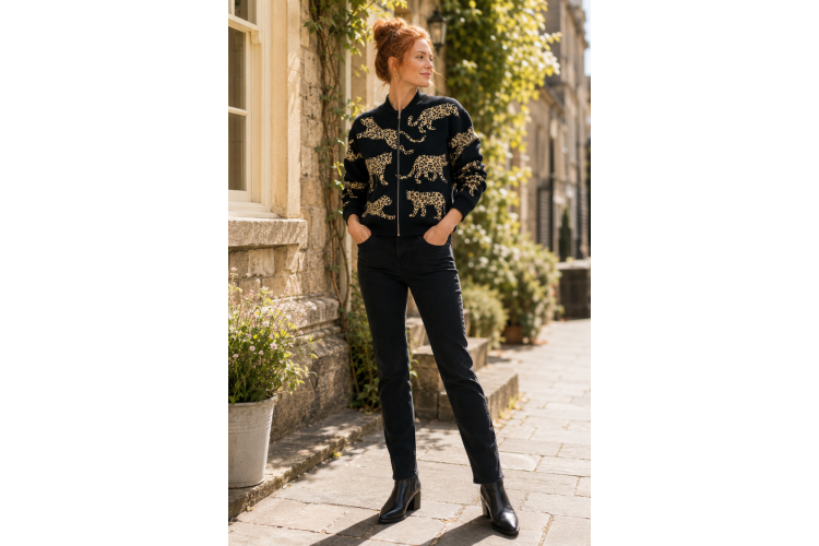 Sugarhill Brighton Solana Knitted Bomber Jacket - Monochrome Leopards