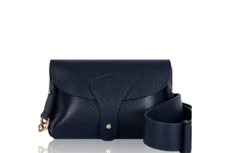 Wide Strap Leather Crossbody Bag - Navy