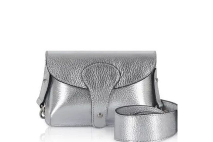 Wide Strap Leather Crossbody Bag - Silver