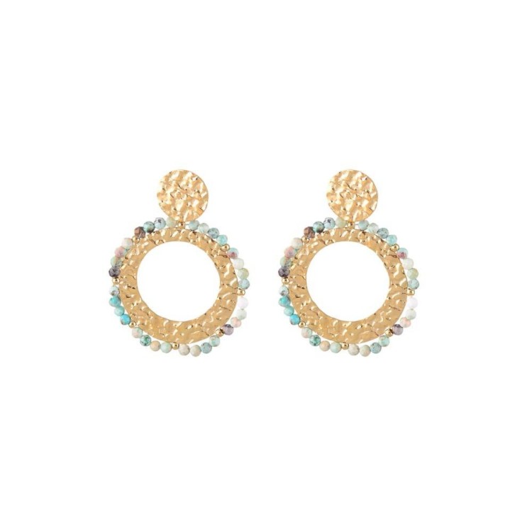 Hammered Gold & Aqua Hoop Earring