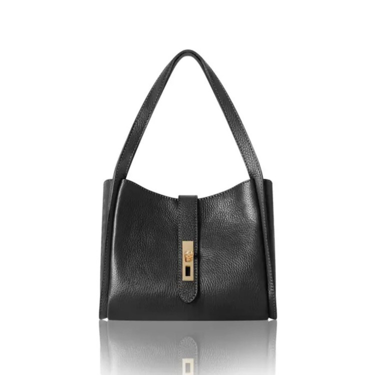 Italian Leather Shoulder Tote Bag - Black