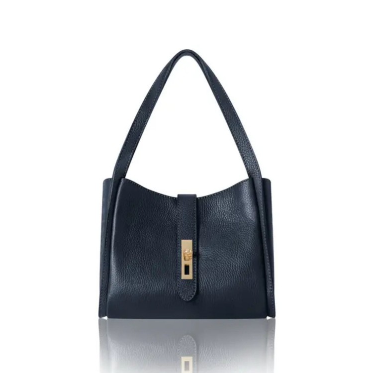 Italian Leather Shoulder Tote Bag - Navy