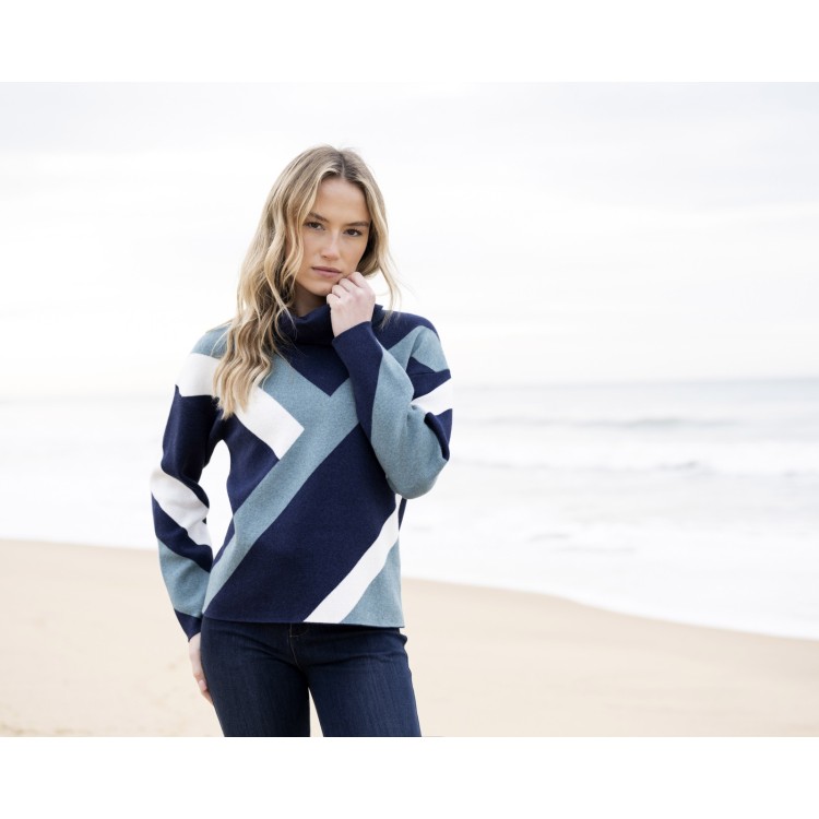 Marble Duck Egg & Navy Diagonal Stripe Cotton Blend Jumper