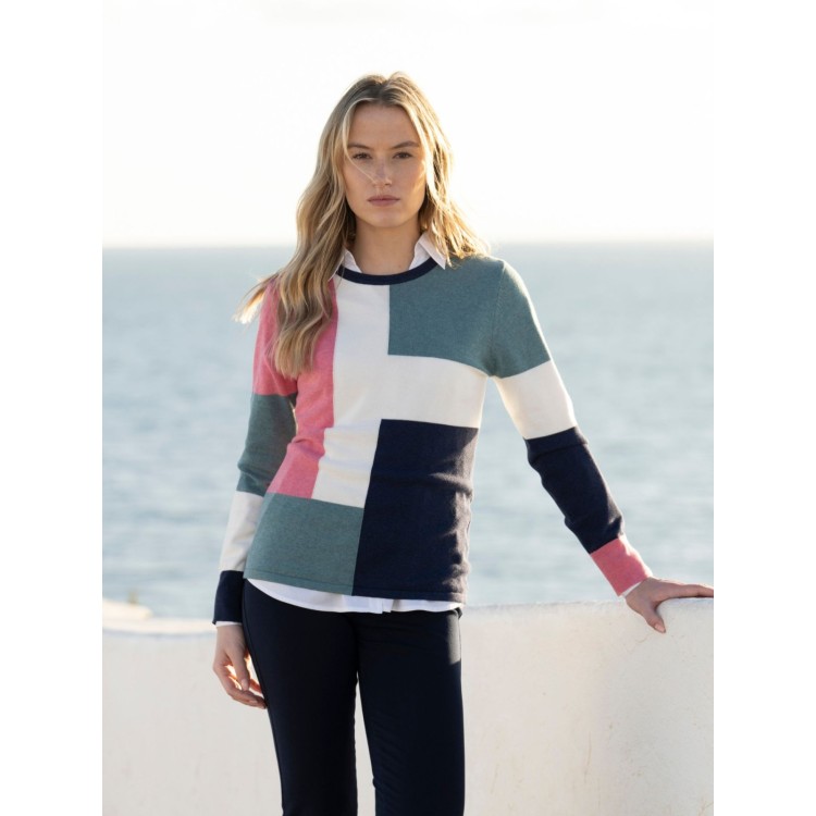 Marble Navy, Soft Teal & Rose Cotton Colour Block Jumper