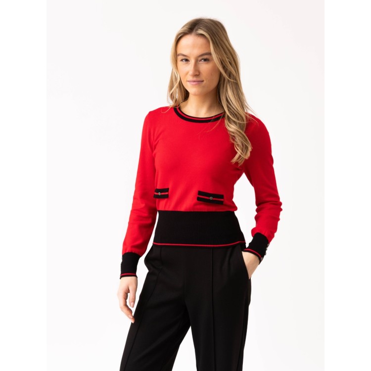 Marble Red & Black Contrast Trim Jumper with Button Back