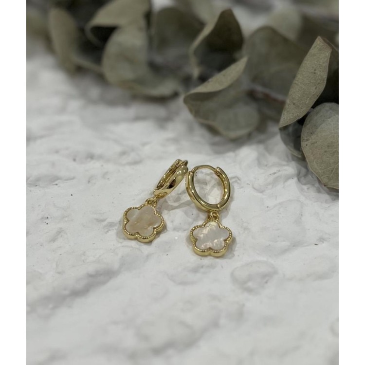 Mother of Pearl Drop Flower Huggie Earrings – Gold