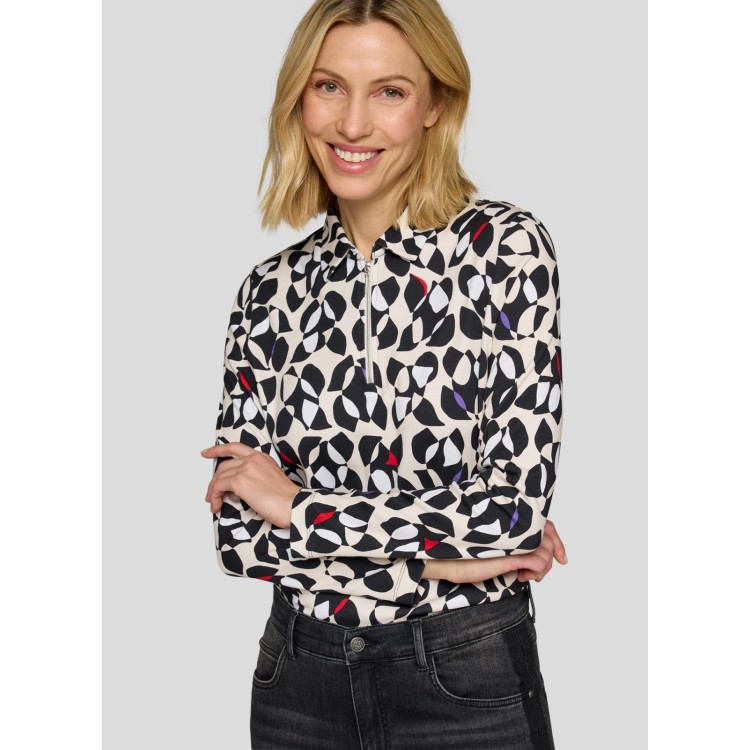 Rabe Zip-Neck Stretch Cotton Shirt – Black & Ivory Print