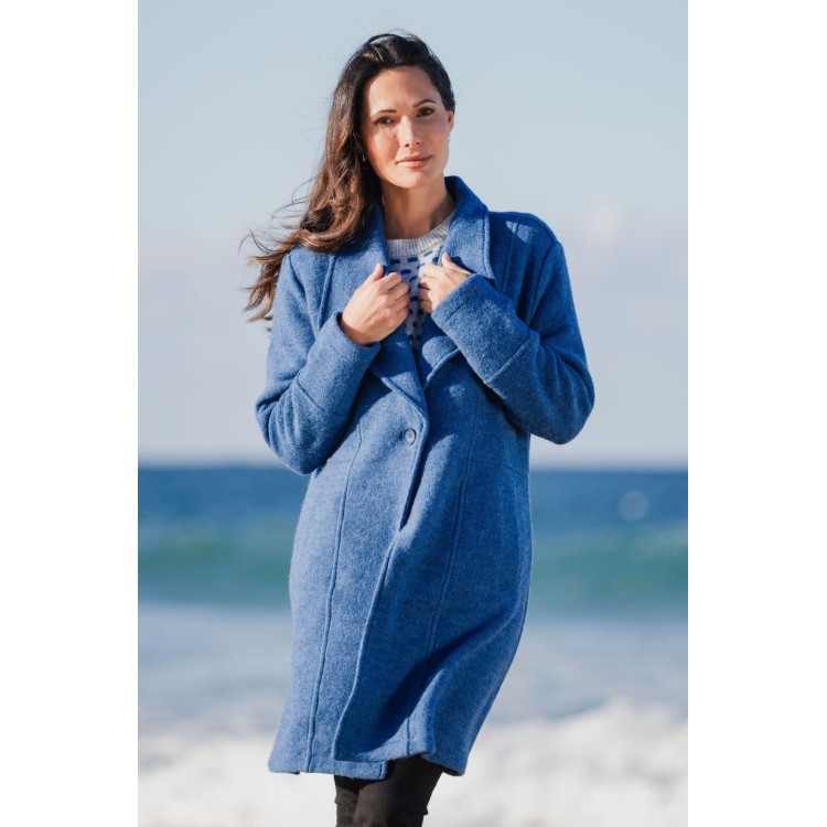 See Saw Longline Boiled Wool Coat – Denim Blue