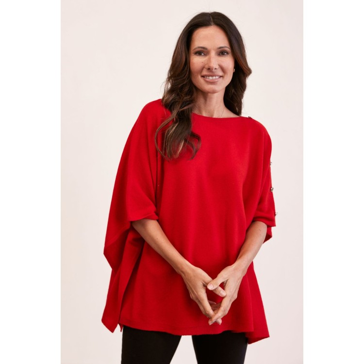 See Saw Merino Wool Button Detail Poncho – Red